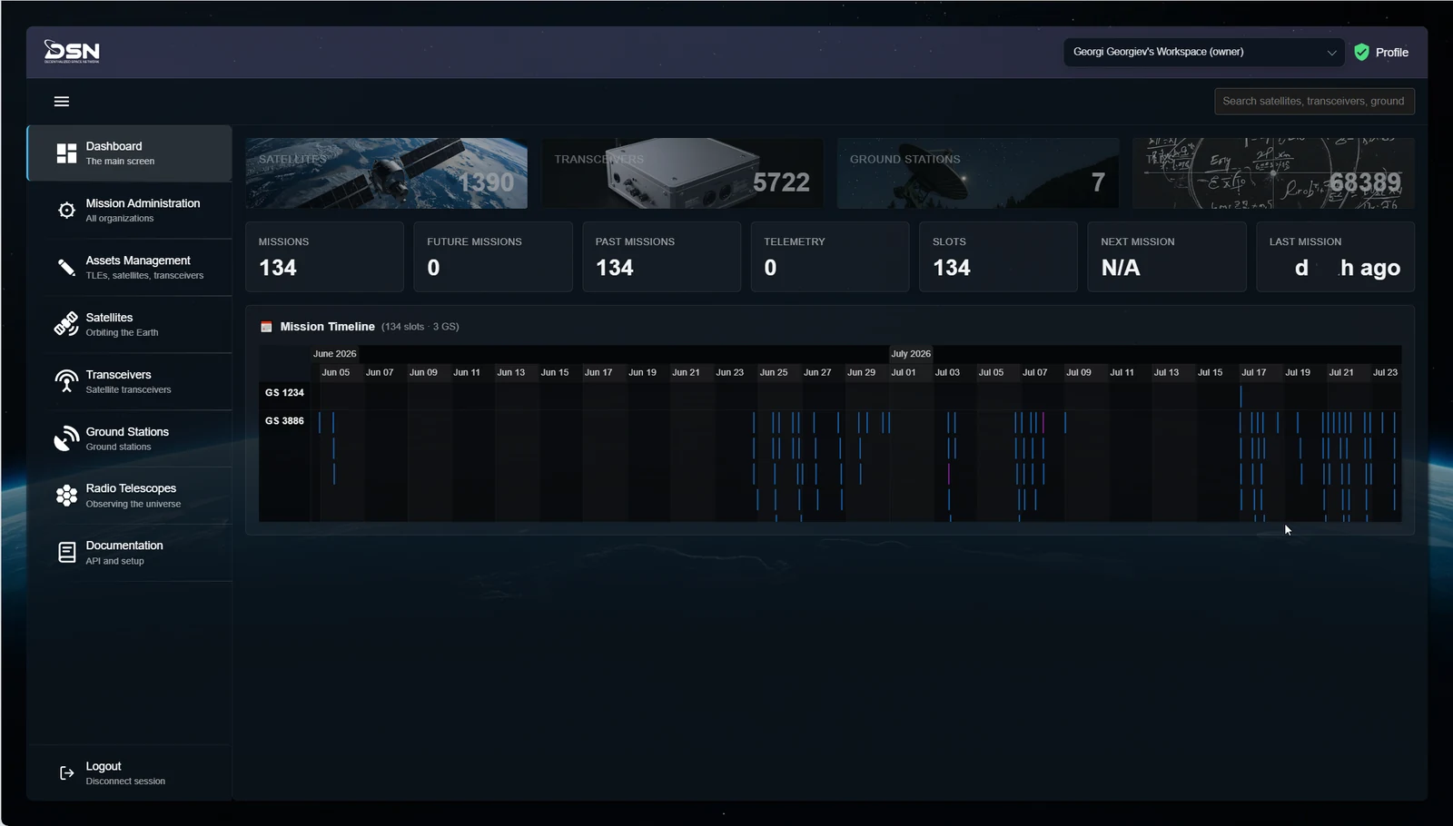 Actual DSN Control Ops dashboard showing mission scheduling and a mission timeline